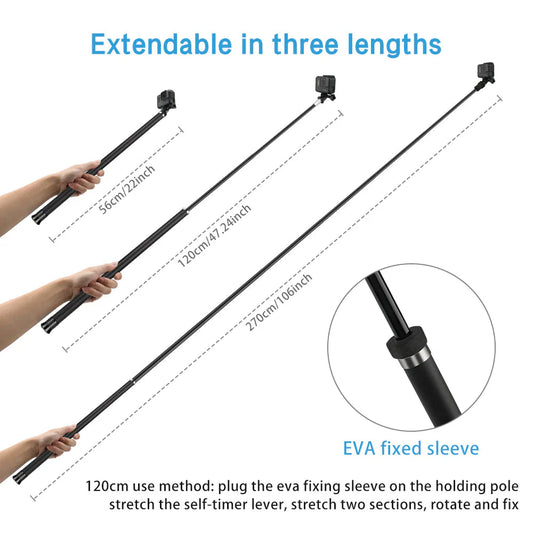 2.7M Carbon Fiber Ultra Long Selfie Stick/Pole for GoPro Hero12 11 10 9 8 7 6 Insta360 ONE X DJI OSMO Action Camera Monopod Pole