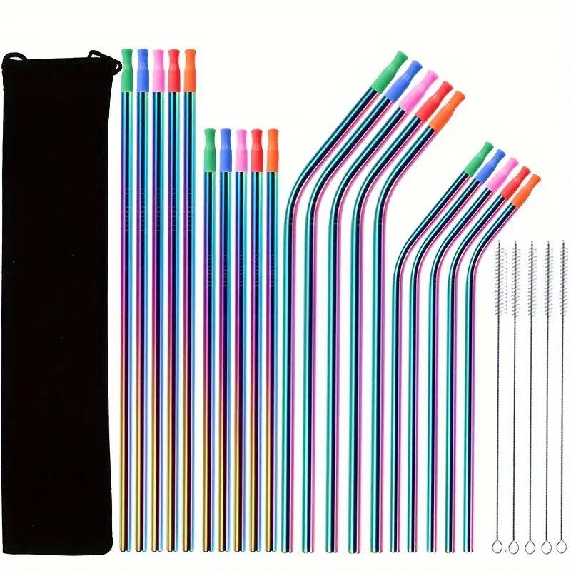 20 x Reusable Stainless Steel Metal Straws with 20 Silicone Tips & 5x Cleaning Brushes (Variety of Straw Sizes)