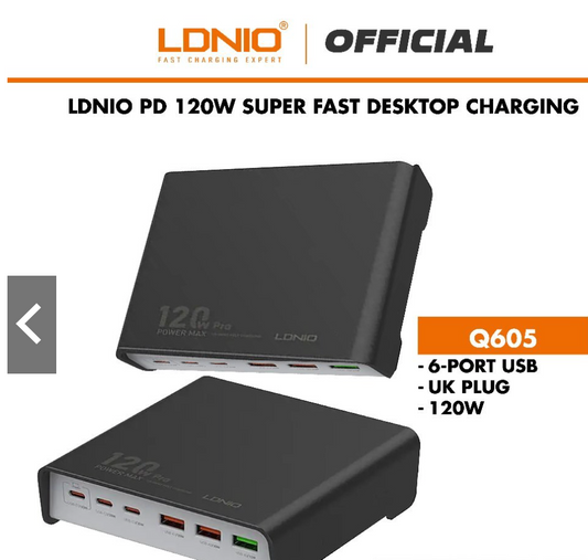 LDNIO Q605 PD 120W Super Fast Desktop Charging 3 USB-C + 3 USB-A Ports Adapter ** COMPATIBLE WITH DJI MAVIC 3, AIR 3/S, MINI 4 PRO**