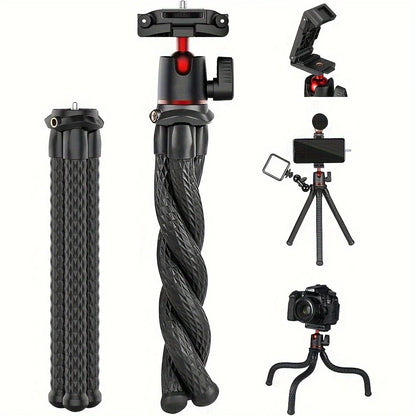 Mini Flexible Tripod Featuring a Concealed Phone Holder with Cold Shoe Mount, 1/4'' Screw Compatible with Magic Arm