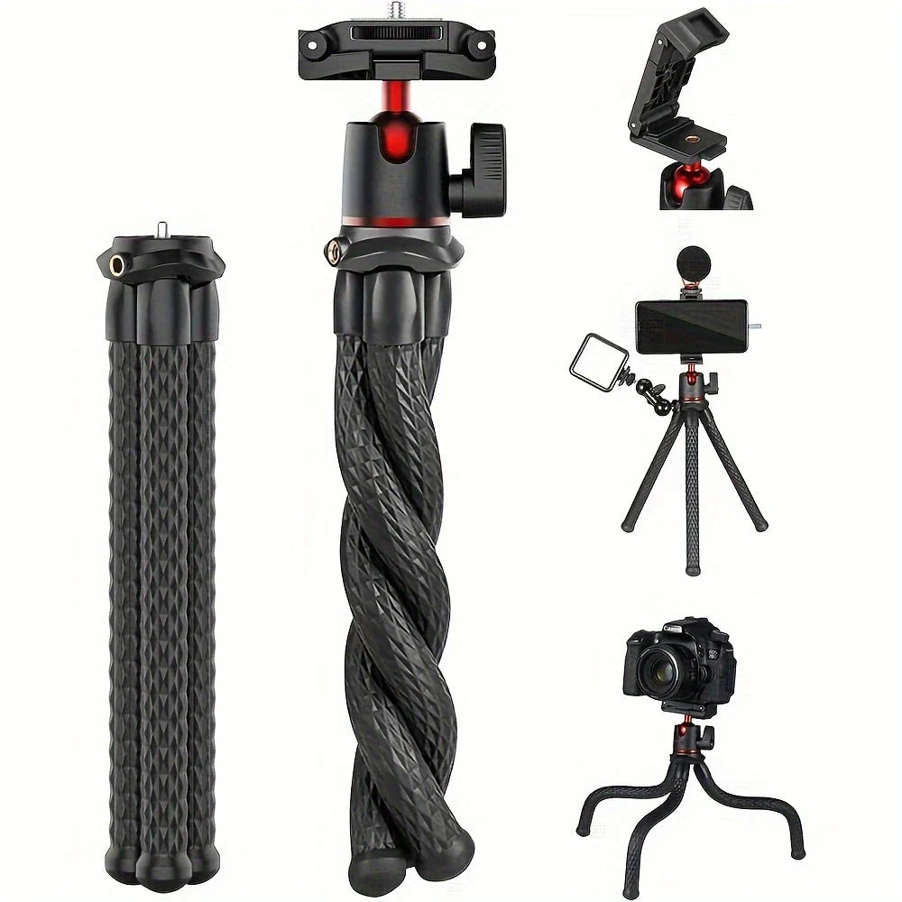 Mini Flexible Tripod Featuring a Concealed Phone Holder with Cold Shoe Mount, 1/4'' Screw Compatible with Magic Arm