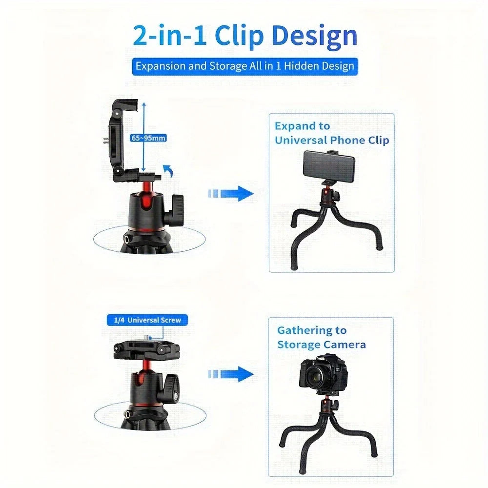 Mini Flexible Tripod Featuring a Concealed Phone Holder with Cold Shoe Mount, 1/4'' Screw Compatible with Magic Arm